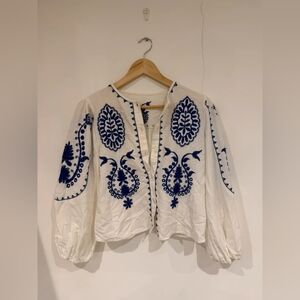 Zara Ivory Top with Navy Embroidery